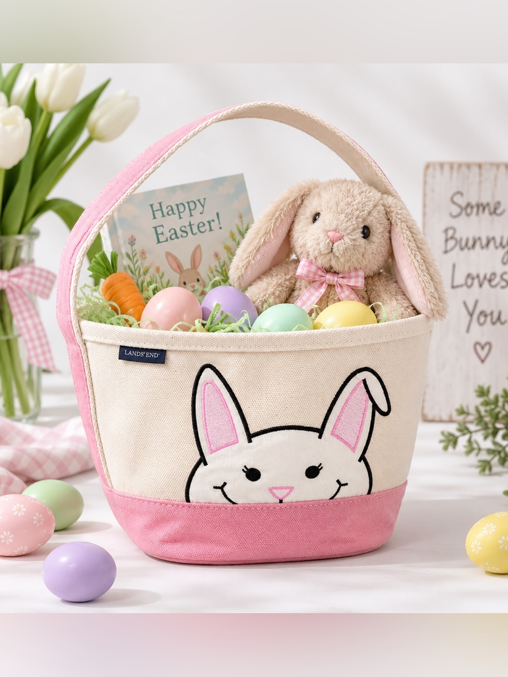 Lands’ End Pink Bunny Canvas Easter Basket Tote Embroidered Rabbit